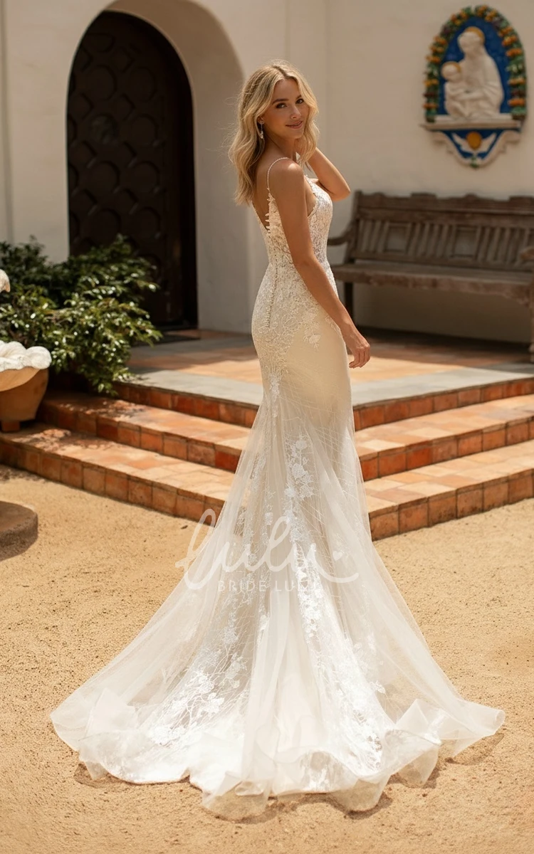 Elegant Sexy Mermaid Spaghetti Lace Tulle V-neck Warm Wedding Dress Romantic Floor-length Sleeveless Low-V Back Bridal Gown with Appliques Court Train