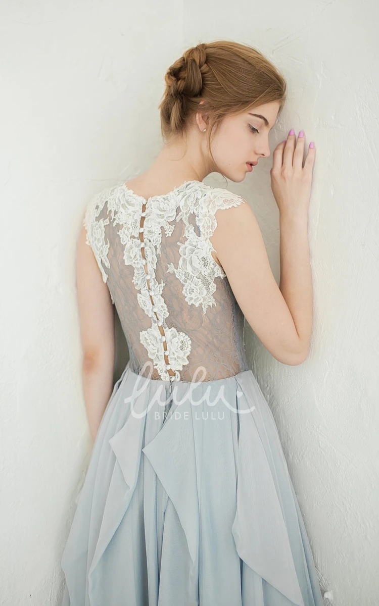 A-Line Chiffon Draped Dress with Lace Applique Top Sleeveless Jewel Neckline