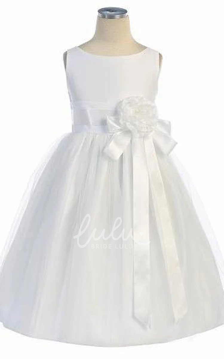 Tiered Tulle and Satin Flower Girl Dress Tea-Length