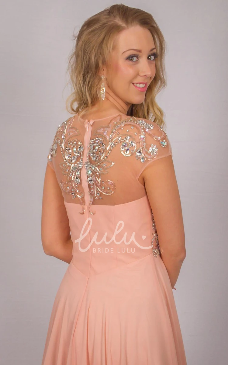 A-Line Beaded Chiffon Prom Dress With Pleats Maxi Cap-Sleeve