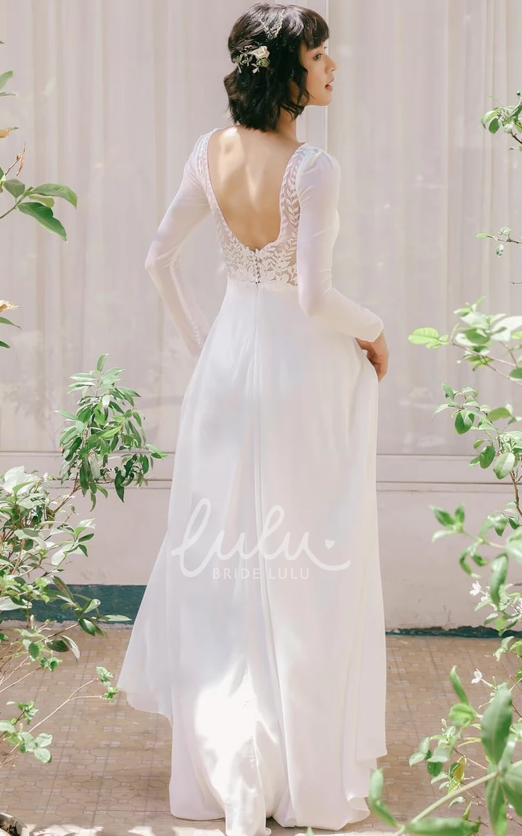 Simple Casual A-Line Long Sleeves Engagement Dress Modest Elegant Romantic Chiffon Floor Length Wedding Gown