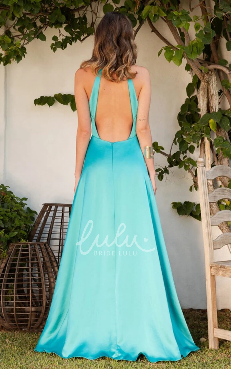 Sleeveless A Line Halter Neck Satin Prom Dress Simple Style