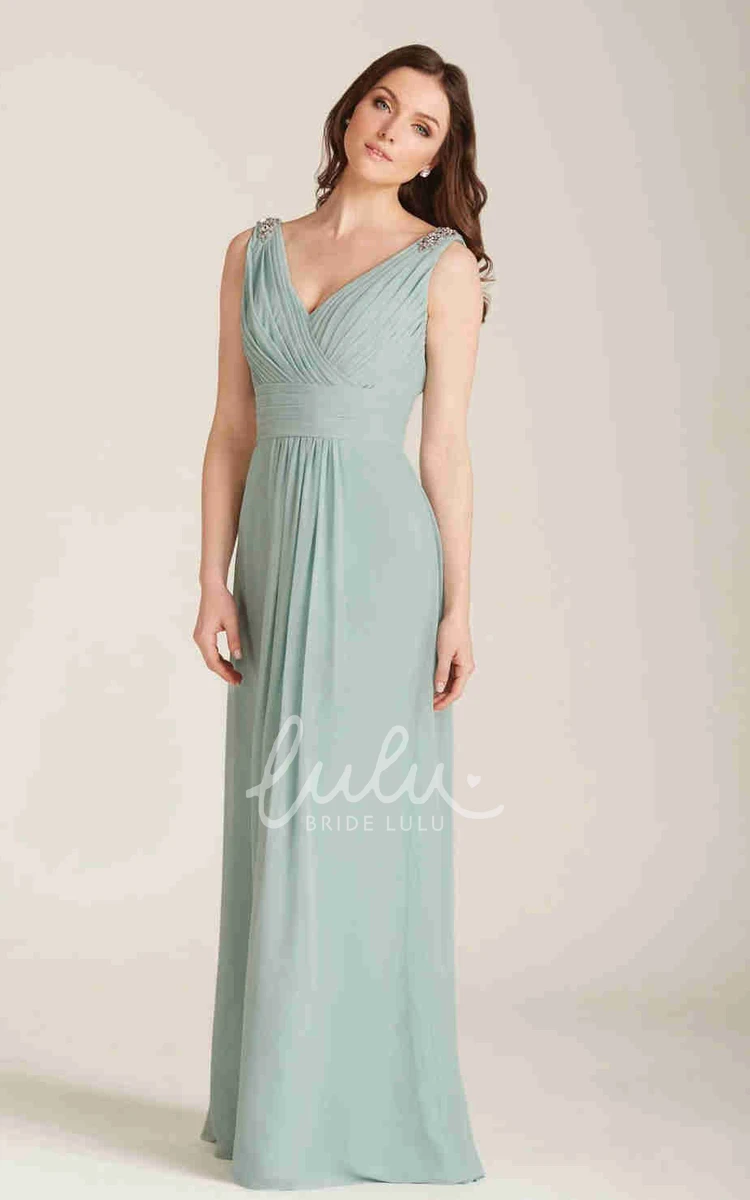Long V-Neck Chiffon Bridesmaid Dress with Ruched Bodice and Beaded Back