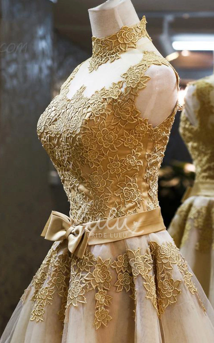 Short Prom Dress High Neck Golden Appliques Sleeveless Unique Dress