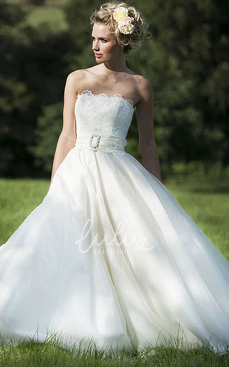 Chiffon Wedding Dress with Appliques Sweep Train V-Back and Strapless Design