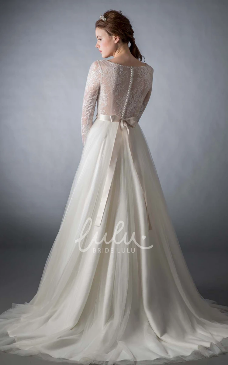 A-Line Tulle Wedding Dress with Lace Scoop Neck & Long Sleeve