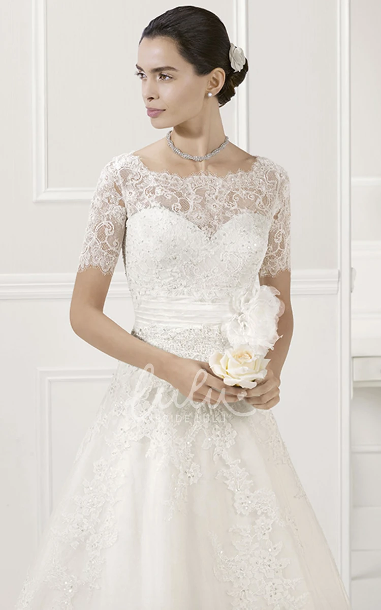 Appliqued Tulle Wedding Dress with Lace Sleeves Sweetheart