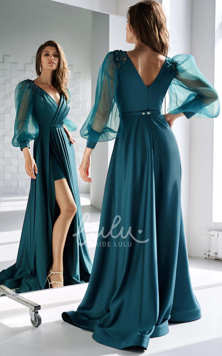 Satin V-neck Mother Dress with Ruching and Split Front Sexy A Line Formal Dress