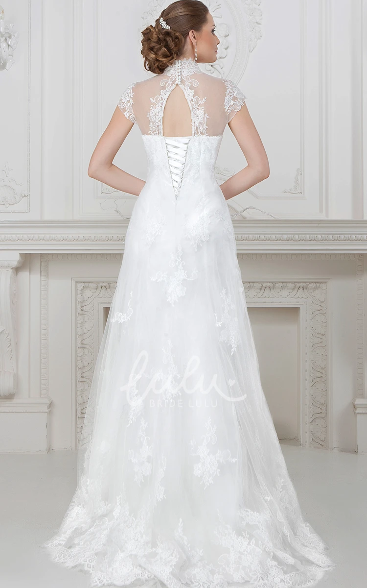 A-Line High Neck Lace Wedding Dress with Corset Back Cap-Sleeves Maxi