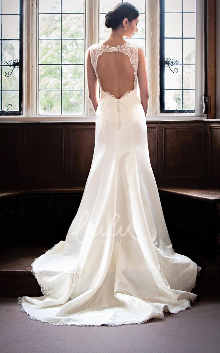 Sleeveless Sheath Wedding Dress with Bateau Neck and Appliqued Lace & Satin