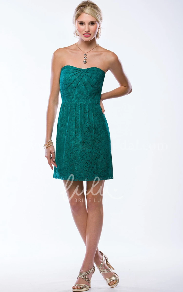 Lace Strapless Bridesmaid Dress with Keyhole Back and Pleats