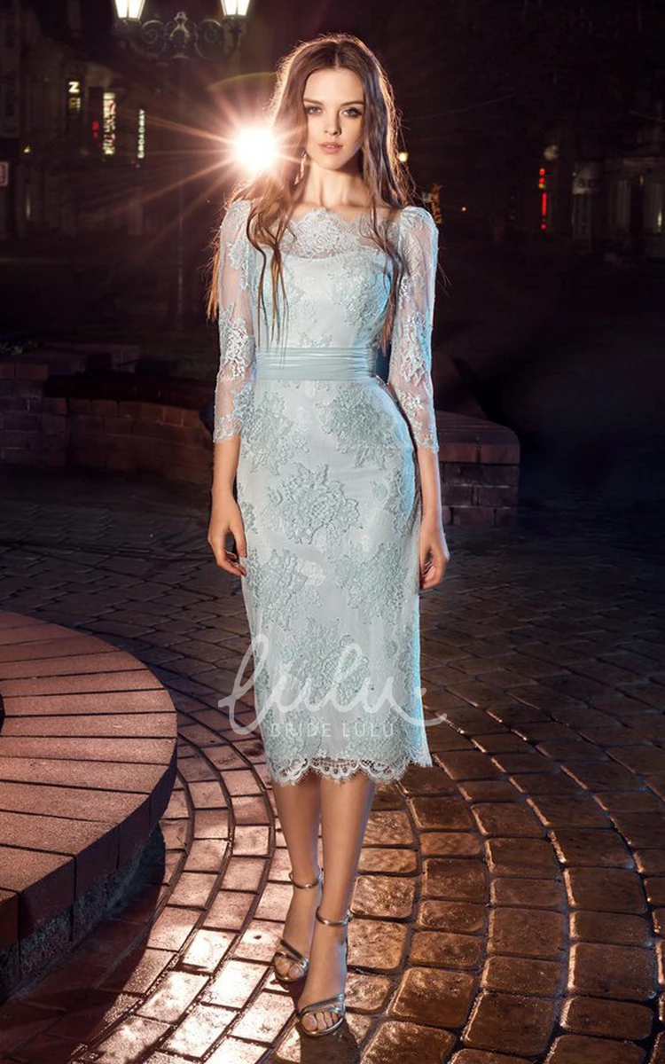 Bateau Neckline Tea-Length Lace Dress with 3/4 Sleeves and Appliques for Formal or Prom