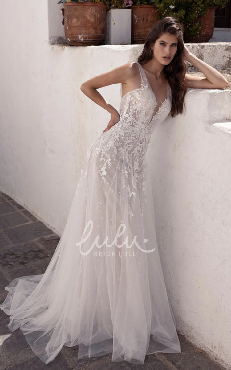 A-Line Tulle Plunging Neck Wedding Dress with Appliques and Ruching Ethereal Tulle A-Line Wedding Dress with Plunging Neckline and Appliques