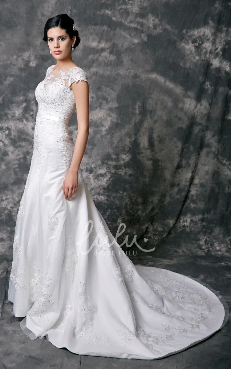 Beaded Lace Cap Sleeve Wedding Dress with Appliques