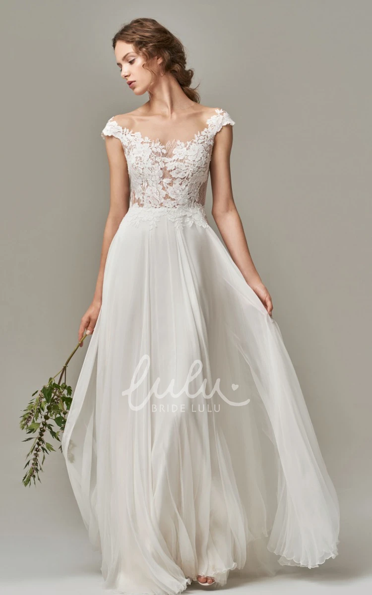 Boho Chiffon Lace A-Line Wedding Dress with Illusion Deep-V Back