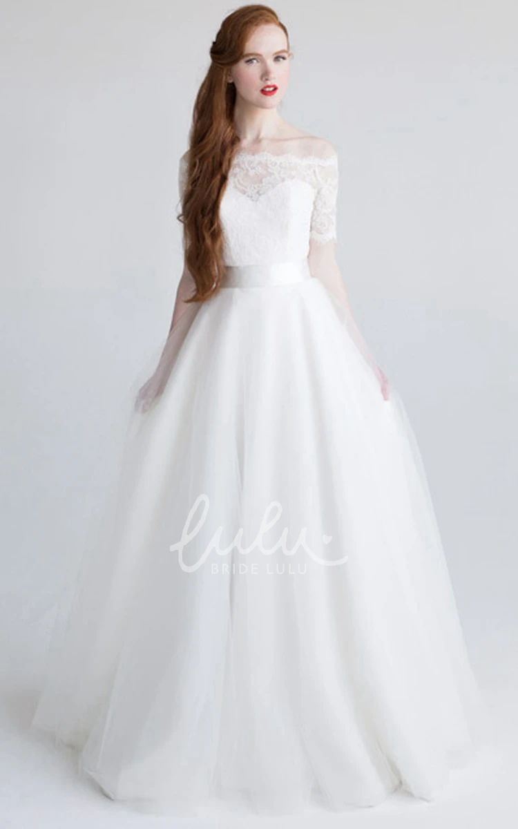 Ball Gown Tulle Satin Wedding Dress Appliqued Off-The-Shoulder Bow