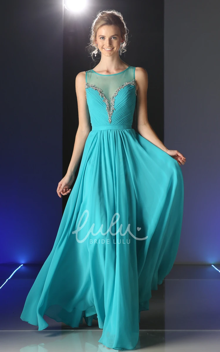 A-Line Chiffon Illusion Formal Dress with Ruching and Beading Long Sleeveless