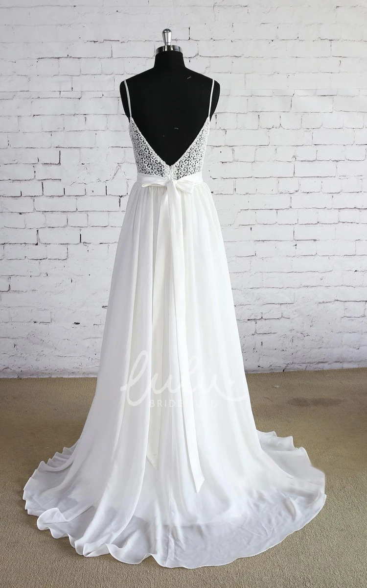 Chiffon A-Line Wedding Dress with Lace Bodice and Spaghetti Straps