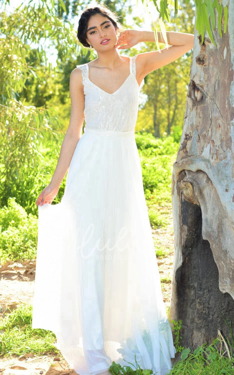 Sleeveless Chiffon A-Line Wedding Dress with V-Neck and Lace Bodice