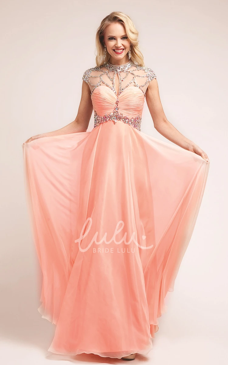 High-Neck Cap-Sleeve Ruched Formal Dress with Beading Sheath Floor-Length