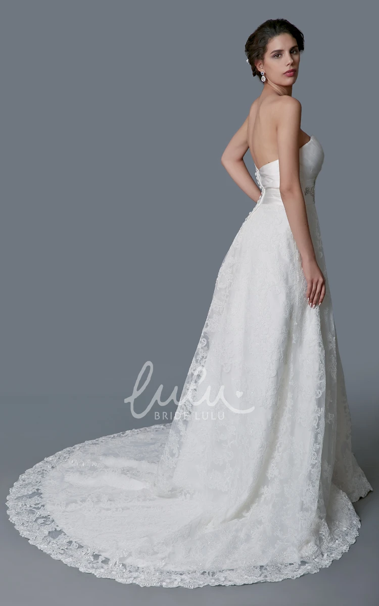 Satin and Lace A Line Wedding Dress With Belt Sweetheart & Modern