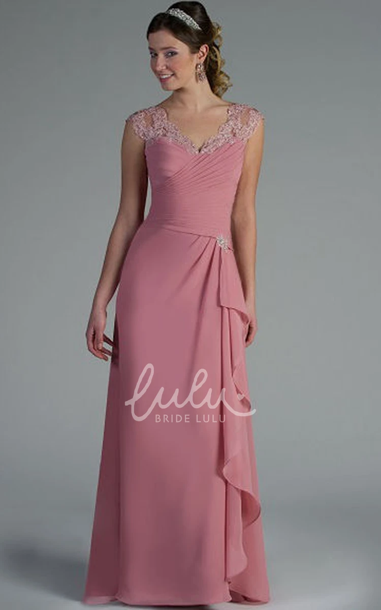 V Neck Cap Sleeve Chiffon Mother of the Bride Dress with Side Drape Appliqued Long