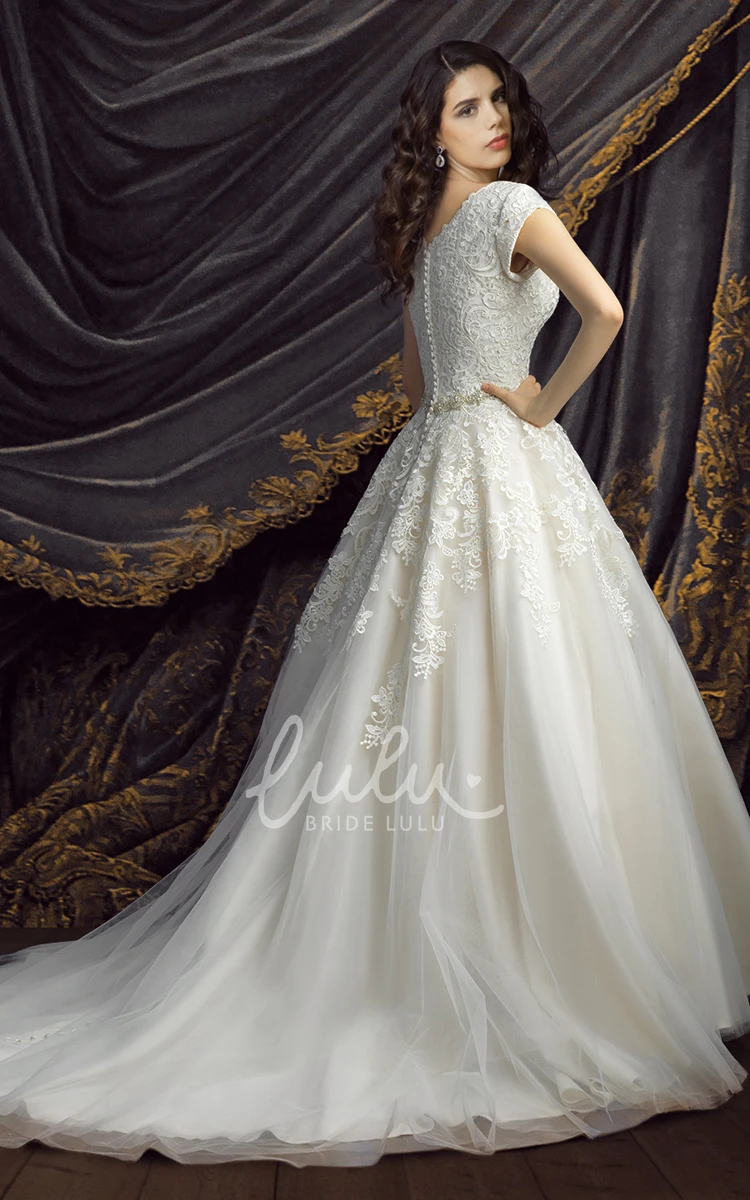 Ball Gown Court Train Wedding Dress with Cap Sleeves and Appliques Royal Wedding Dress