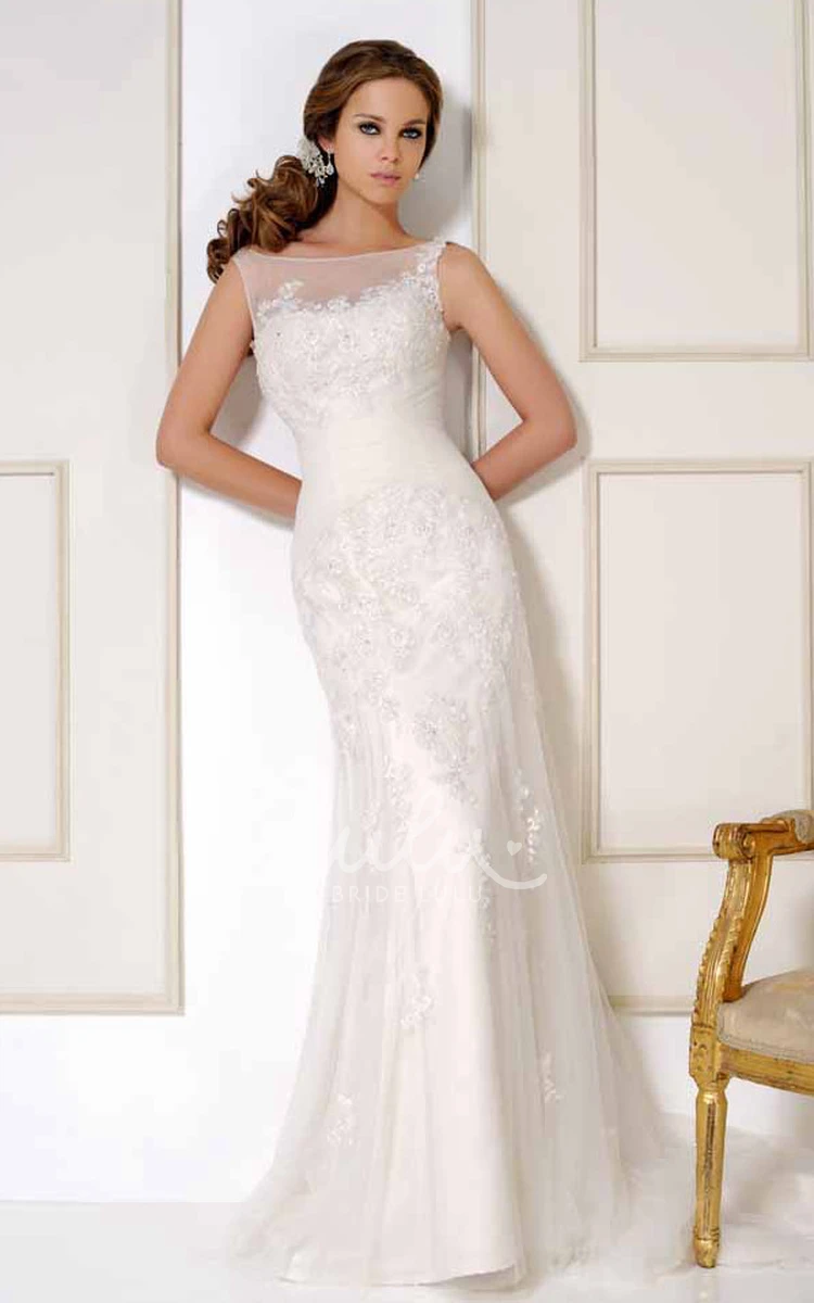 Bateau Appliqued Tulle Wedding Dress with Court Train and V-Back Beautiful Bridal Gown