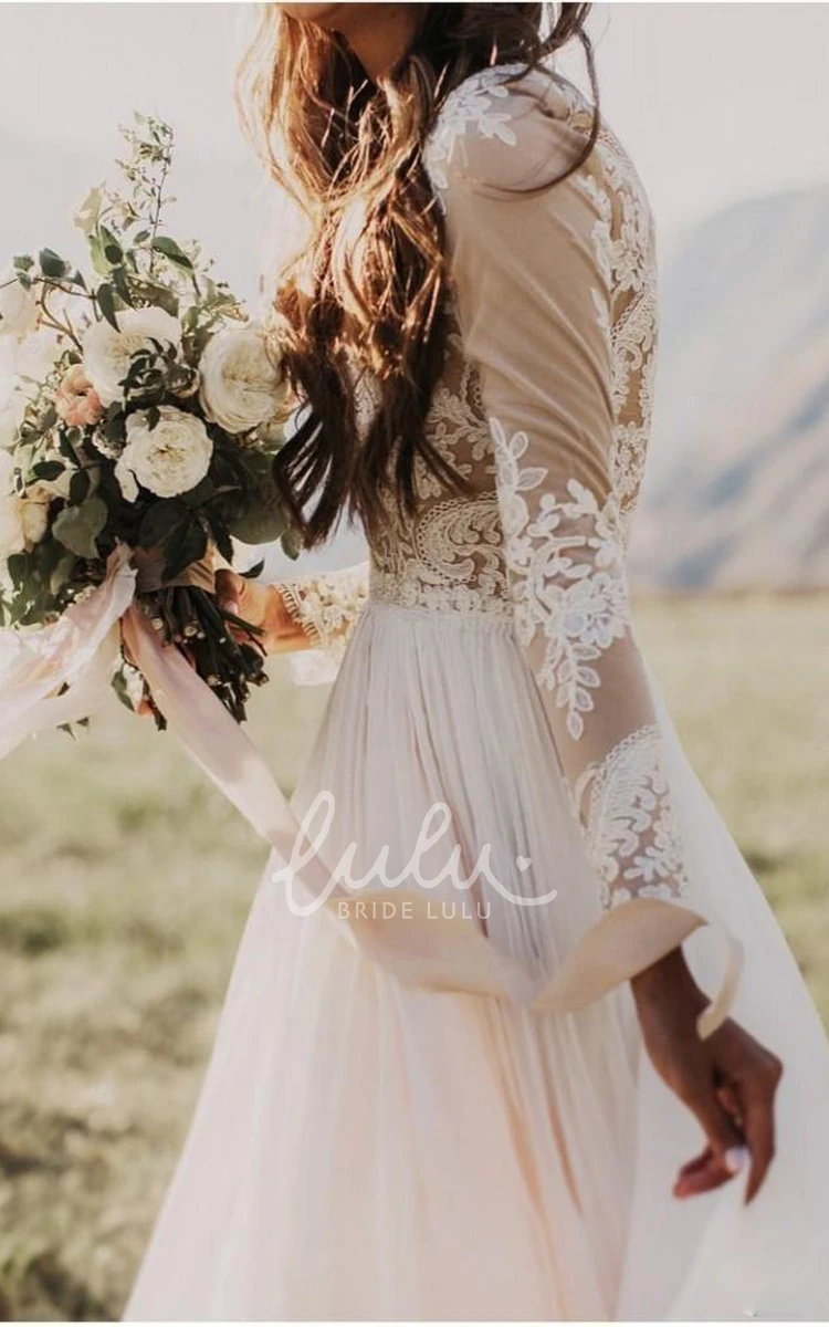 Bohemian Lace Applique Chiffon A-Line Wedding Dress Boho Bridal Gown