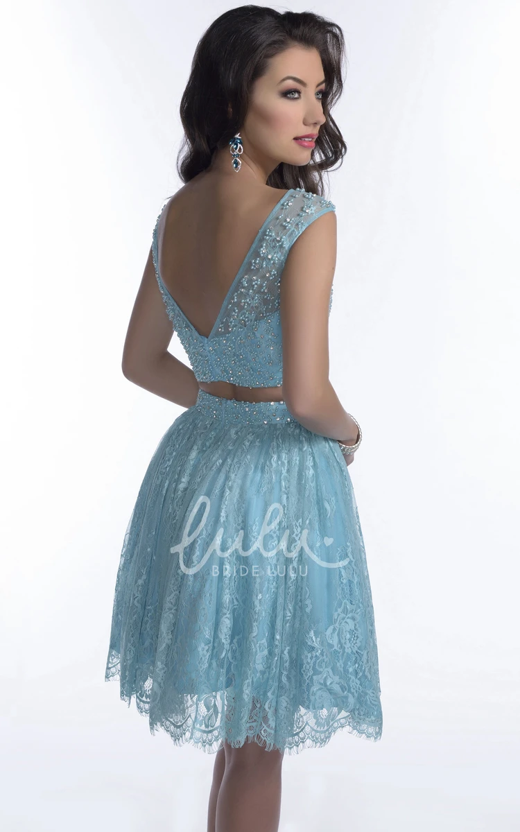 Two-Piece Beaded A-Line Prom Dress with Lace Skirt Unique Women's Formal Dress