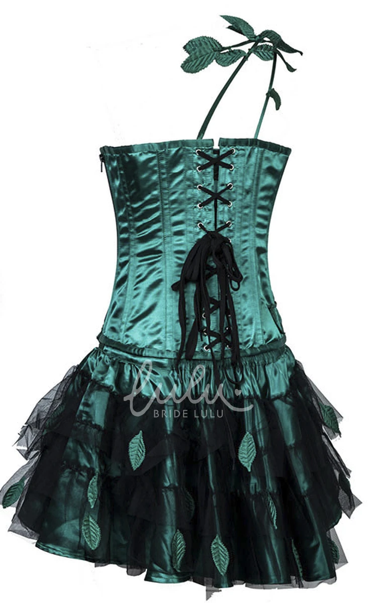 Green and Black One Shoulder Corset Dress with Leaves Appliques Wedding Dress