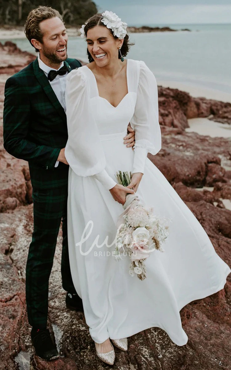 Queen Anne Chiffon A-Line Wedding Dress with Long Sleeves and Open Back