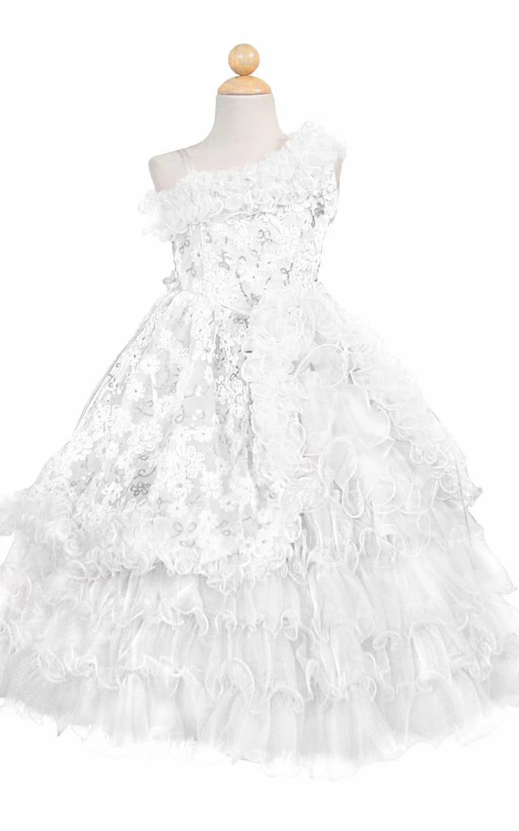 Lace&Sequins Ankle-Length Flower Girl Dress with Ruffles and Embroidery