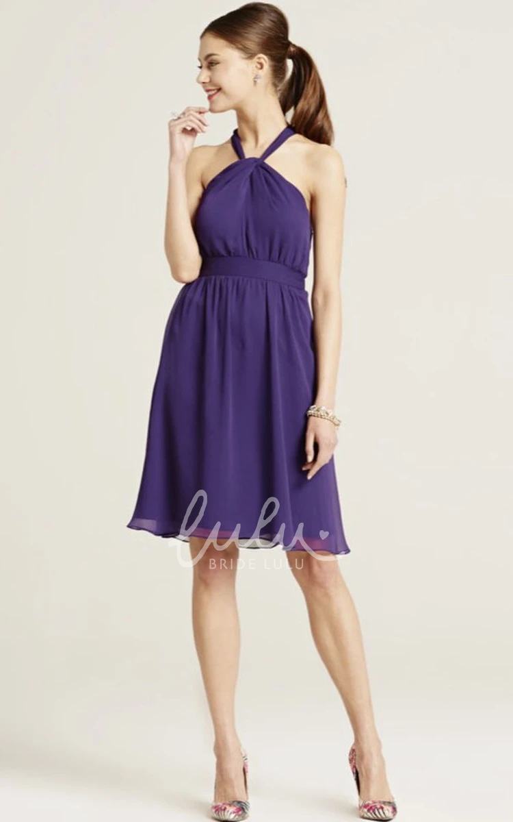 Halter Ruched Chiffon Bridesmaid Dress with Bow Knee-Length