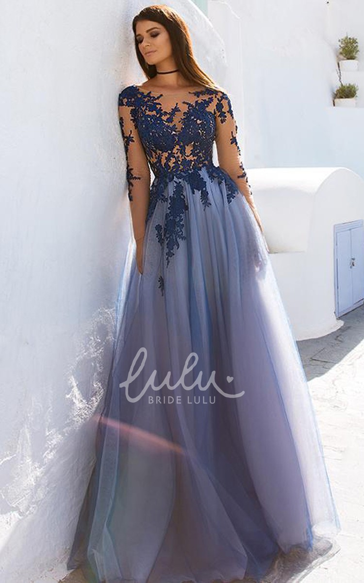 Long Sleeve Lace Tulle Bateau Evening Dress with Appliques Formal