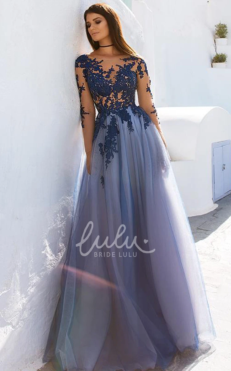 Long Sleeve Lace Tulle Bateau Evening Dress with Appliques Formal Dress