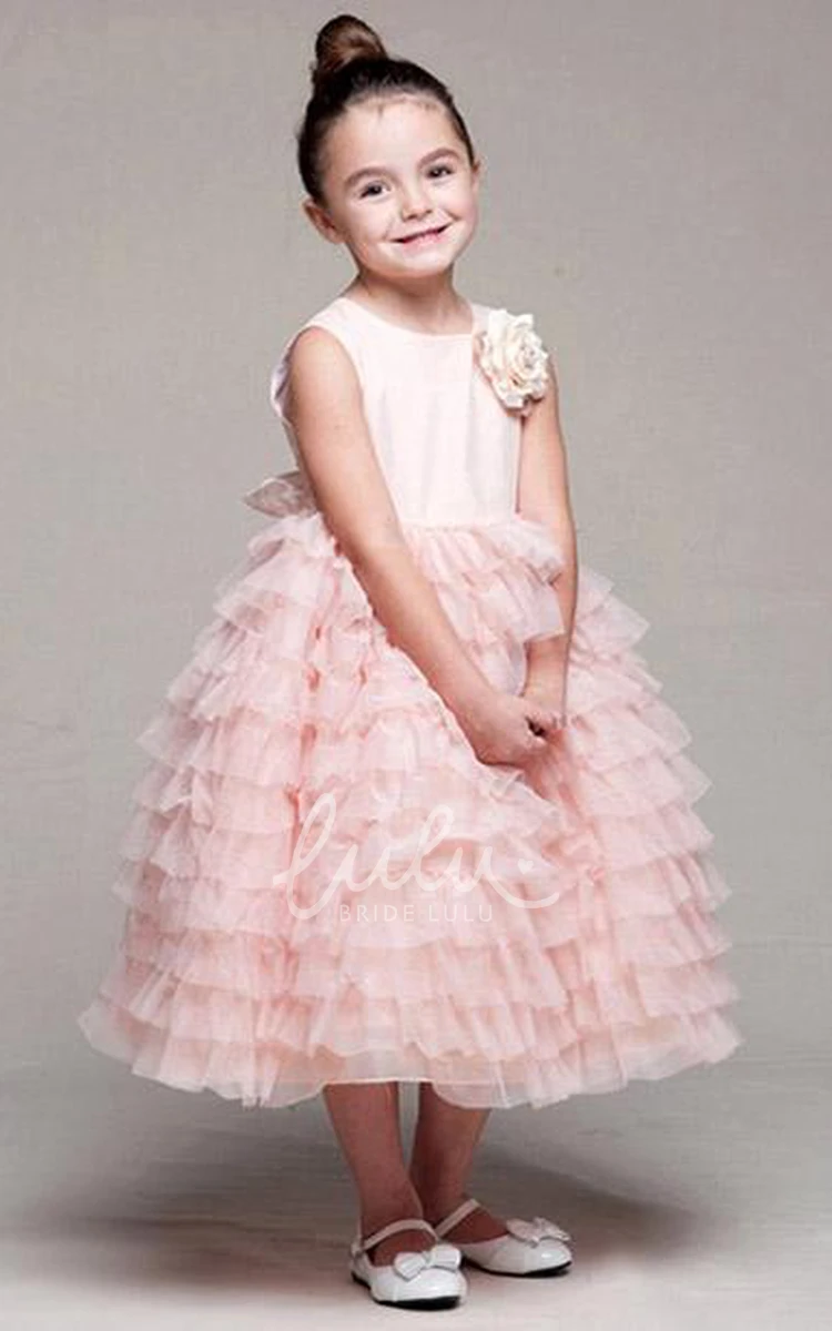 Tiered Tulle and Satin Flower Girl Dress Tea-Length Simple Women