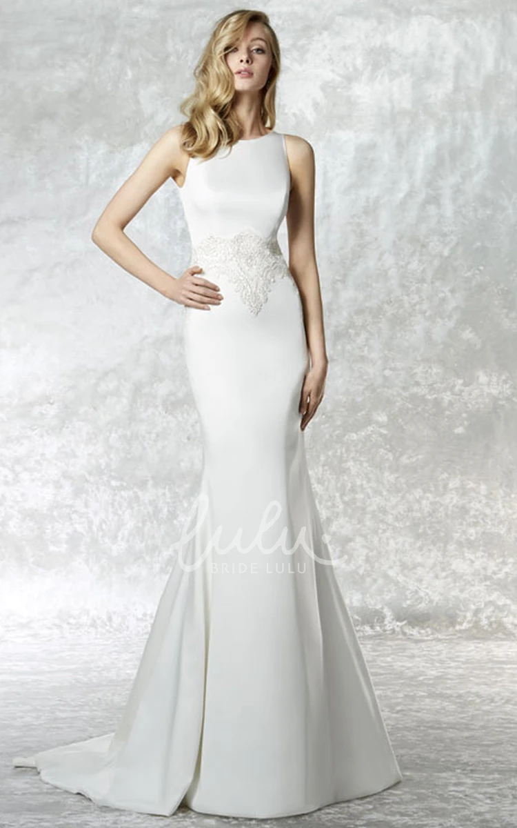 High Neck Jersey Wedding Dress with Applique Detailing and Sweep Train