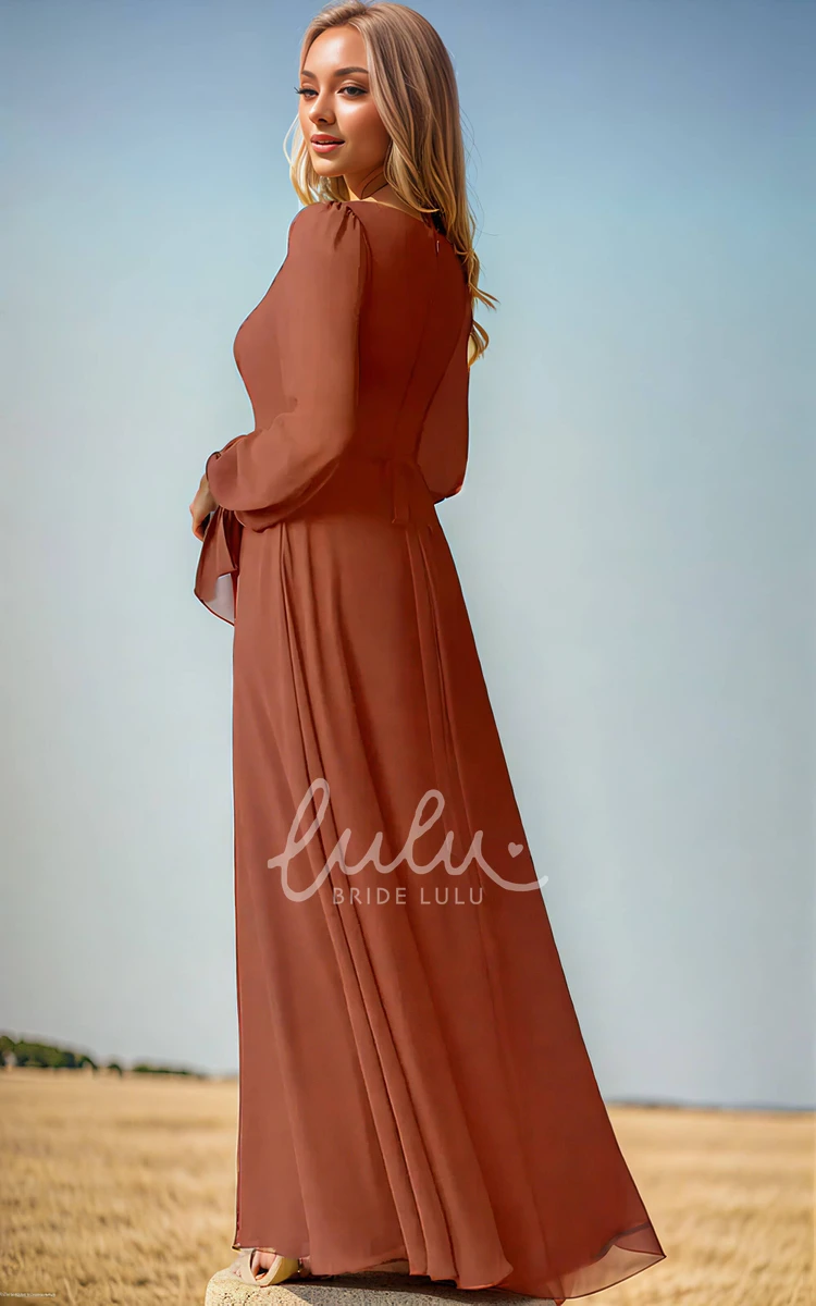 Elegant Vintage Square Neck A-Line Chiffon Bridesmaid Dress Simple Solid Puff Long Sleeve Floor-length Zipper Back Sash Split Bridesmaid Gown