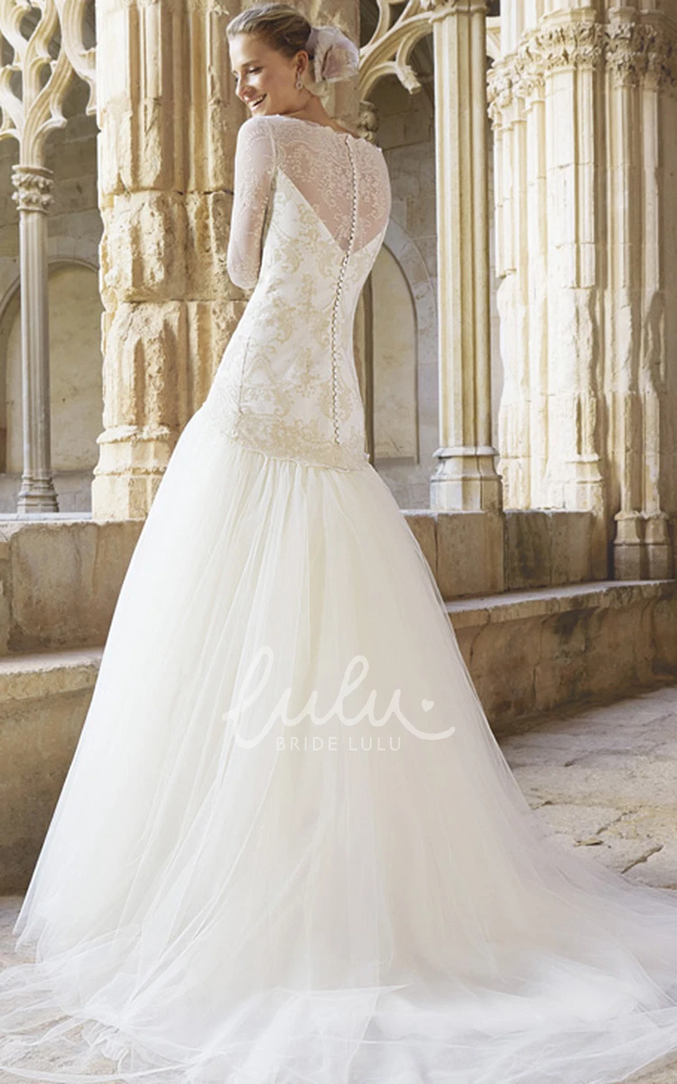 Bateau Neck A-Line Tulle Wedding Dress with Appliques and Long Sleeves