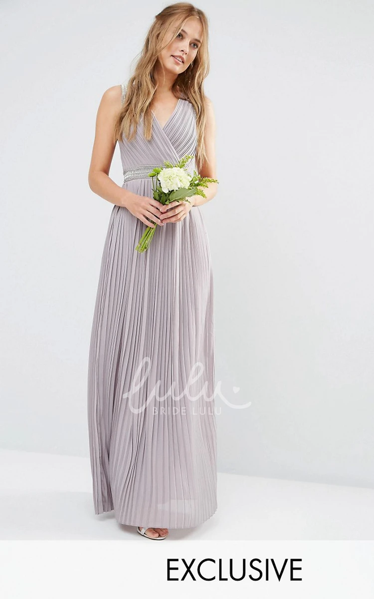 Ruched V-Neck Chiffon Bridesmaid Dress with Beading Ankle-Length