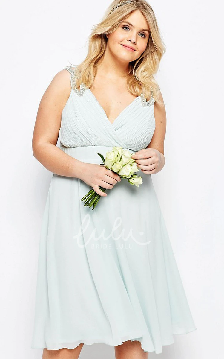 Knee-Length Chiffon Bridesmaid Dress with Beading and Pleats A-Line V-Neck Sleeveless