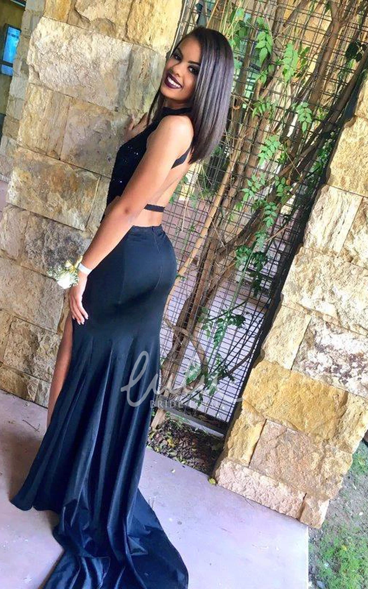 Black Halter Sleeveless Prom Dress Sexy Women's Slit Appliques