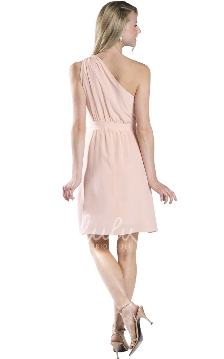 Sleeveless One-Shoulder Ruched Chiffon Mini Bridesmaid Dress in Muti-Color with Sash