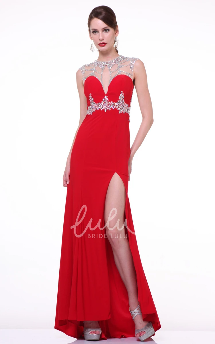 Jewel-Neck Jersey Illusion Prom Dress With Beading And Split Front Sheath