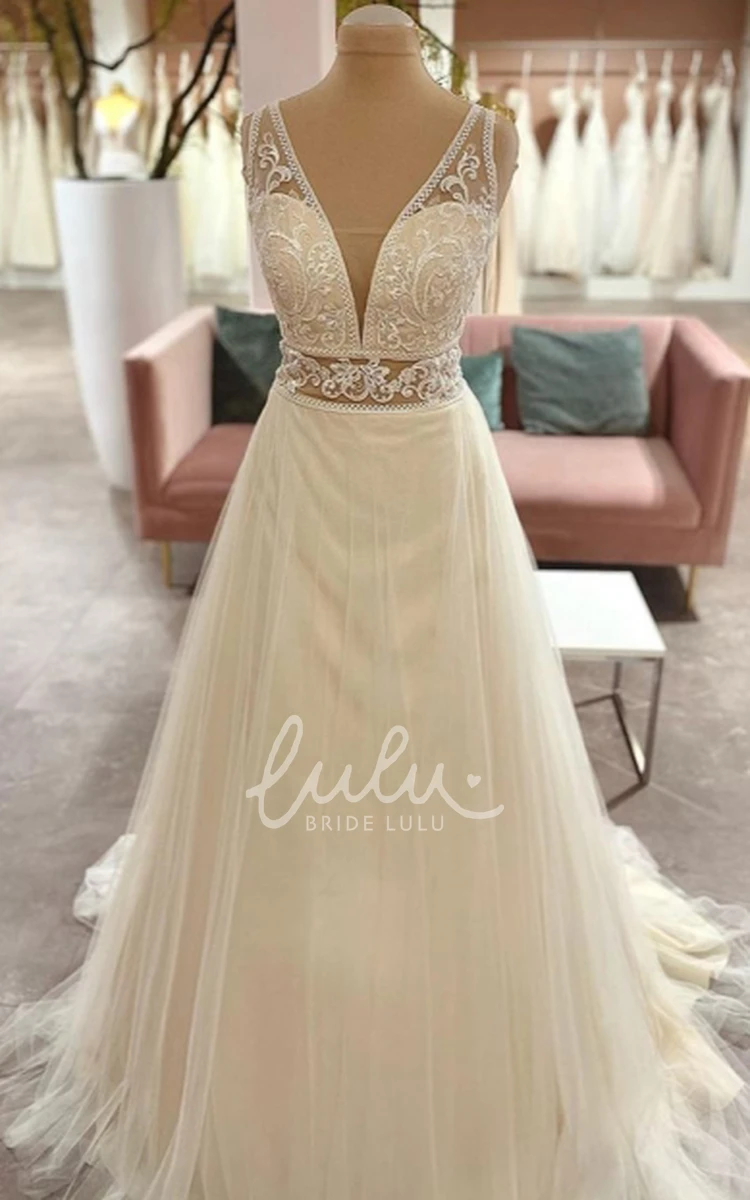Casual A Line Tulle Floor-length Wedding Dress with Plunging Neckline & Appliques