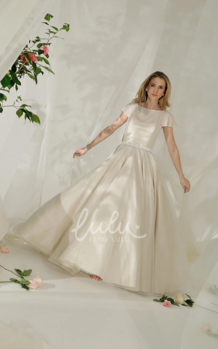 Jewel-Neck Tulle&Satin A-Line Wedding Dress with Poet Sleeves