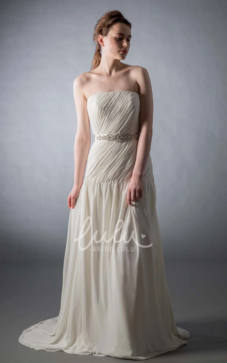 Chiffon Wedding Dress Maxi Strapless Ruched Bowed Sweep Train