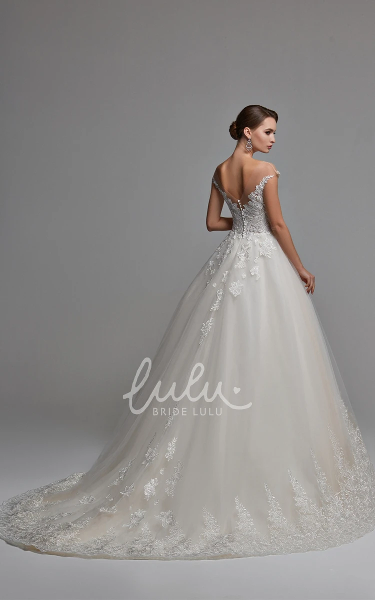 V-neck Ball Gown Tulle Wedding Dress with Appliques Sexy Bridal Gown