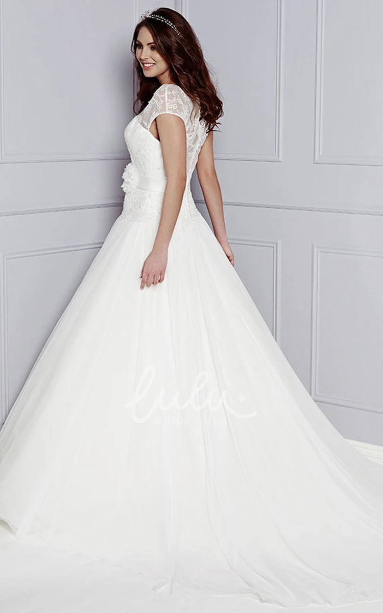 Lace Short-Sleeve Floor-Length A-Line Wedding Dress Scoop-Neck with Flower